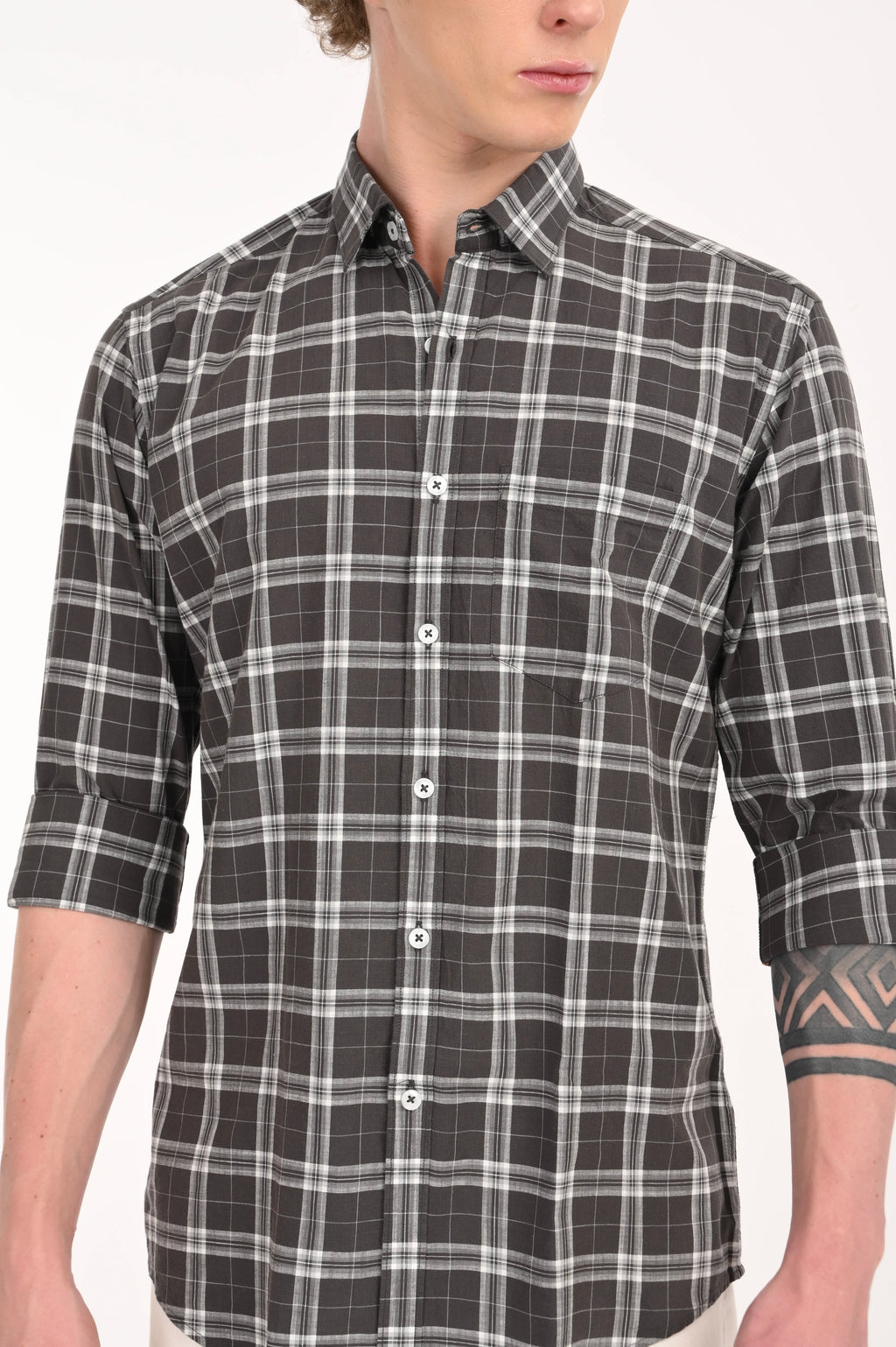 BLACK COTTON SLUB CHECKED SHIRT