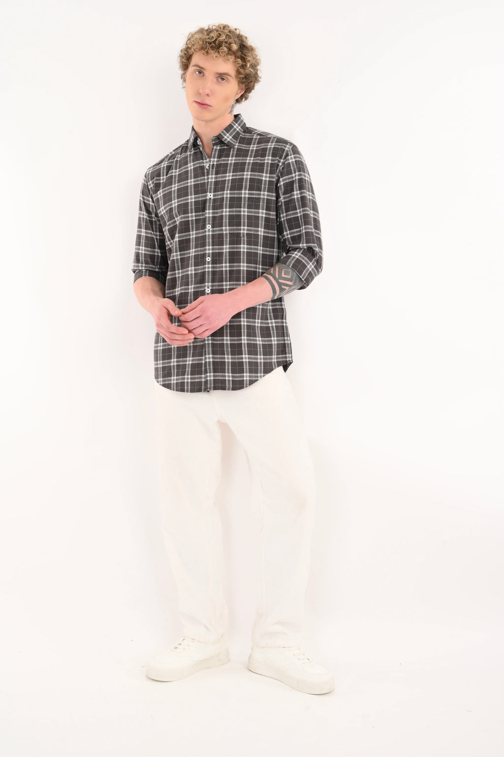 BLACK COTTON SLUB CHECKED SHIRT