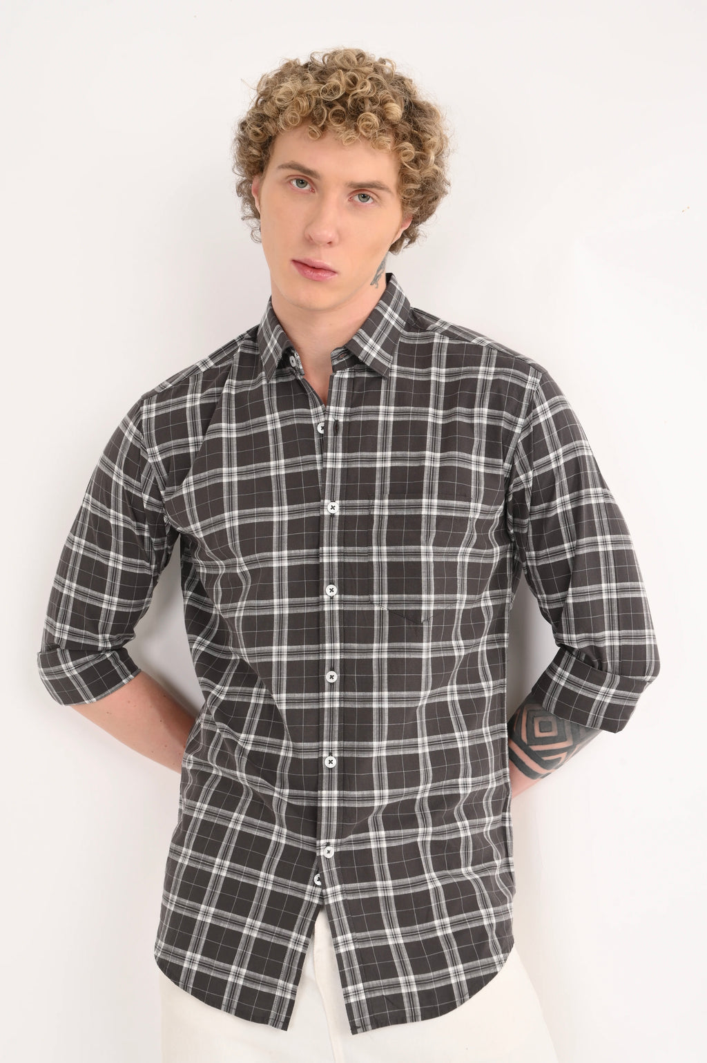 BLACK COTTON SLUB CHECKED SHIRT