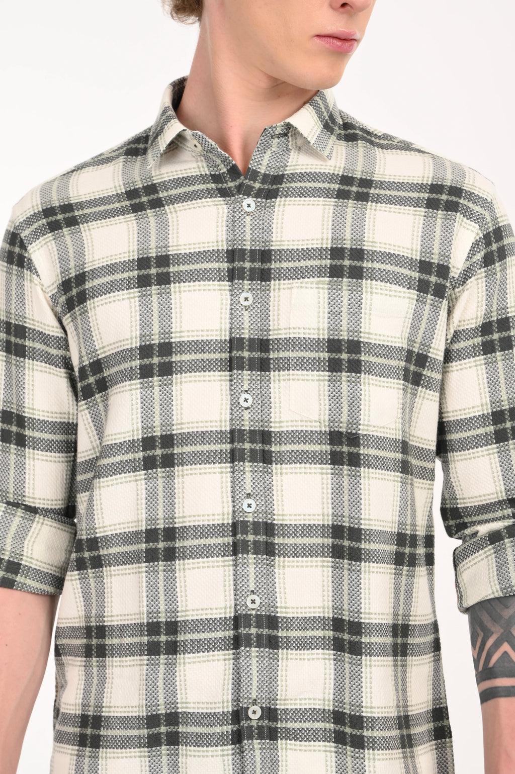 BLACK AND BEIGE TEXTURED WHITE CHECKED SHIRT