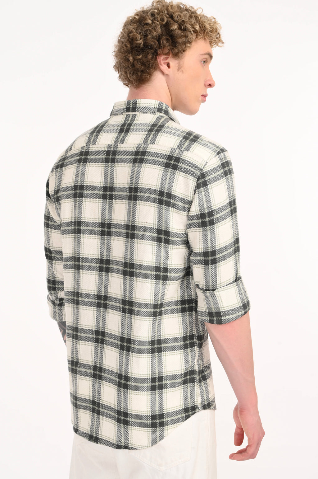 BLACK AND BEIGE TEXTURED WHITE CHECKED SHIRT