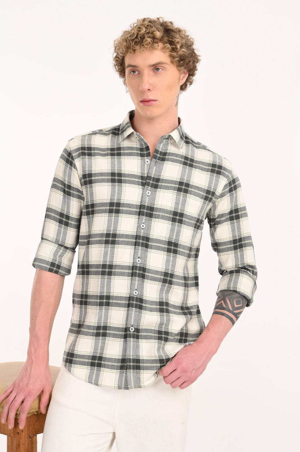 BLACK AND BEIGE TEXTURED WHITE CHECKED SHIRT