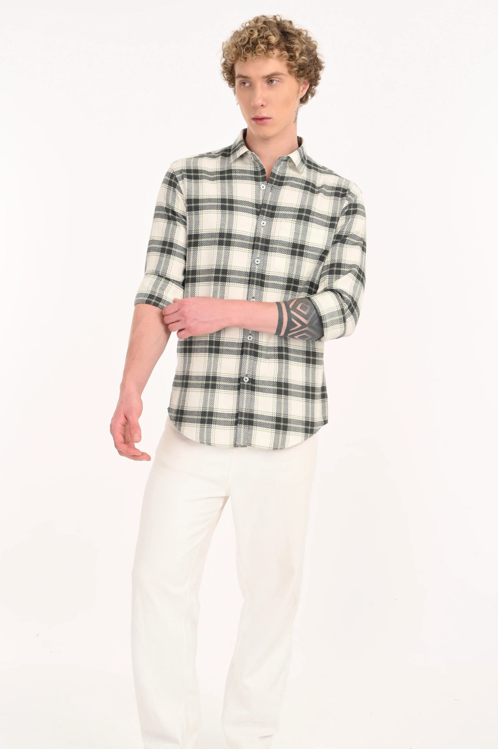BLACK AND BEIGE TEXTURED WHITE CHECKED SHIRT