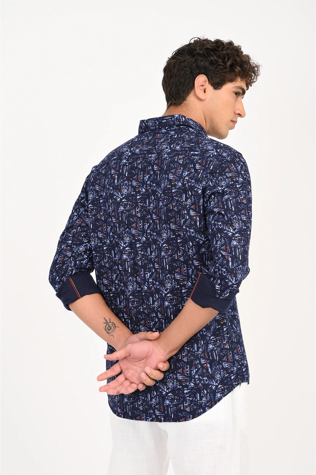 OXFORD COTTON NAVY GEOMATRIC PRINTED SHIRT