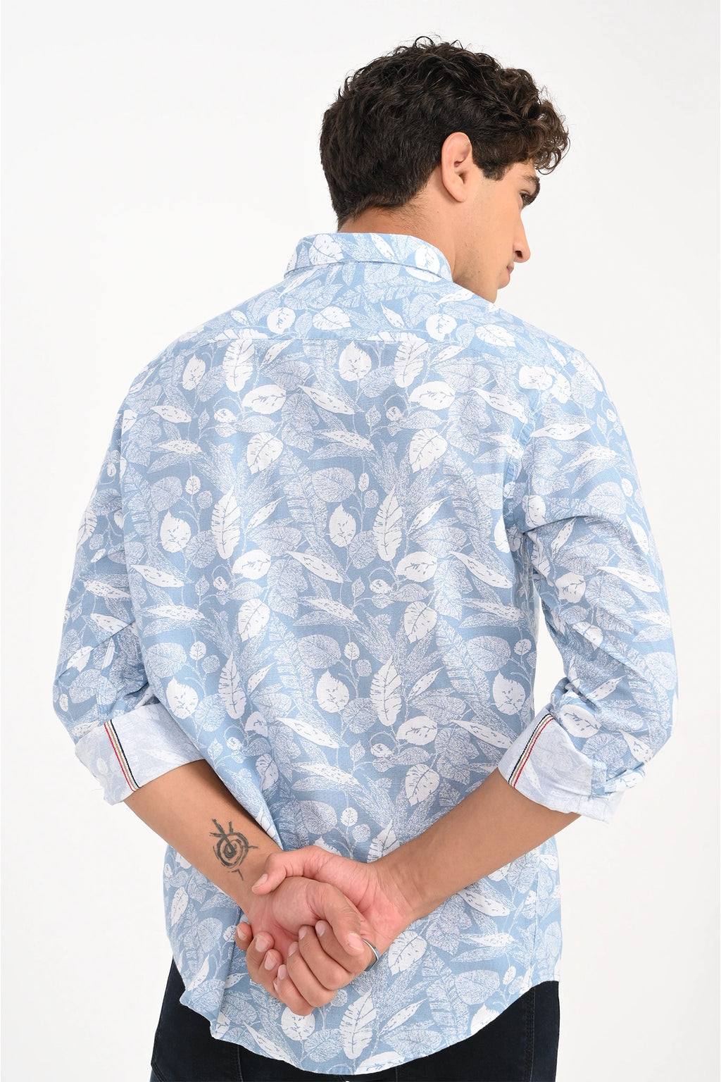 COTLIN SKY BLUE COLOR LEAFY PRINTED SHIRT