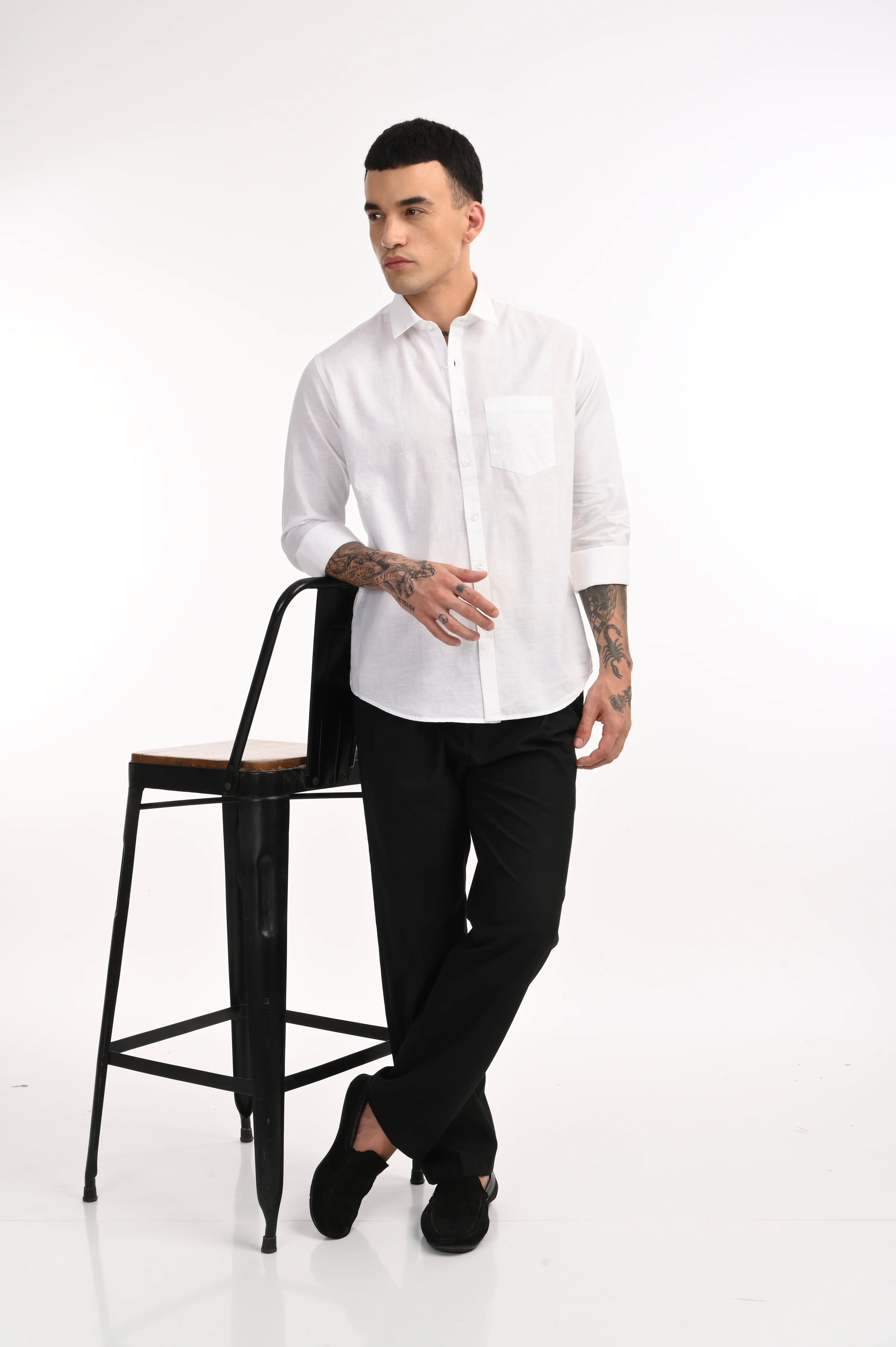WHITE COTTON LINEN SOLID SHIRT