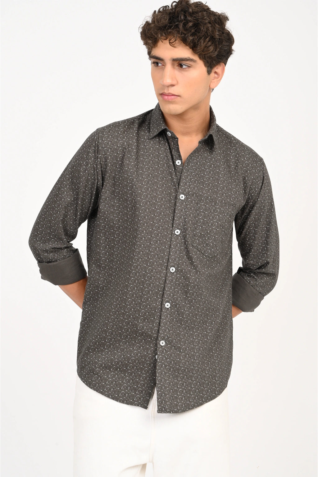 OXFORD COTTON DARK GREY PRINTED SHIRT