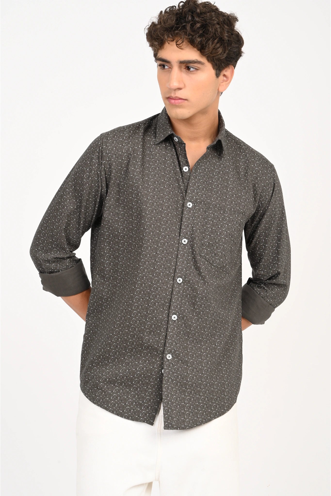OXFORD COTTON DARK GREY PRINTED SHIRT