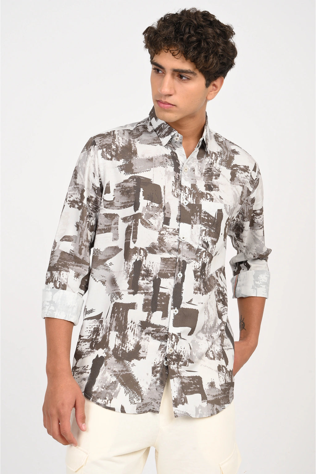 COTTON VORTEX WHITE WITH BROWN DIGITAL PRINTED SHIRT