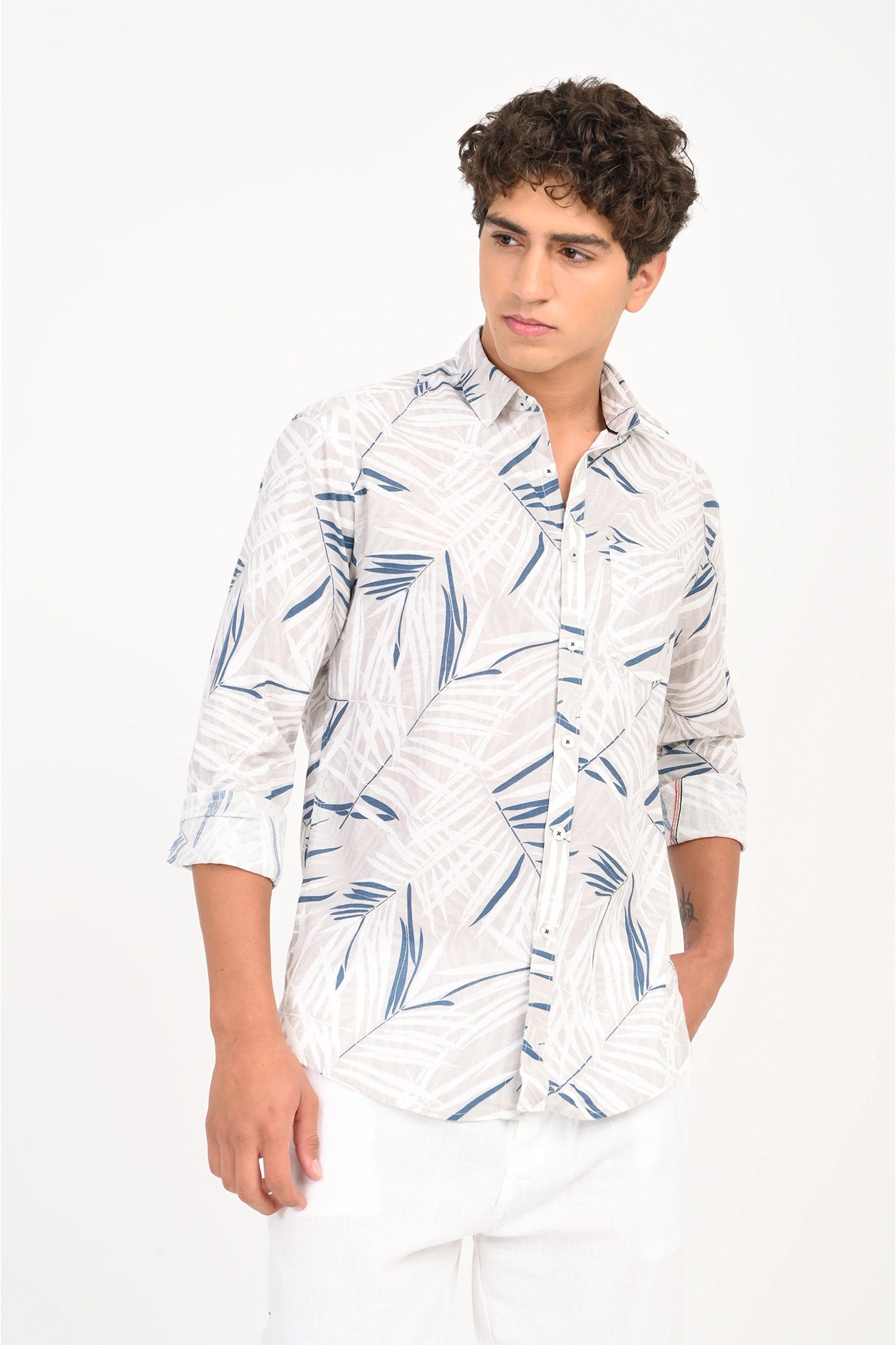 COTLIN LIGHT BEIGE LEAFY PRINTED SHIRT