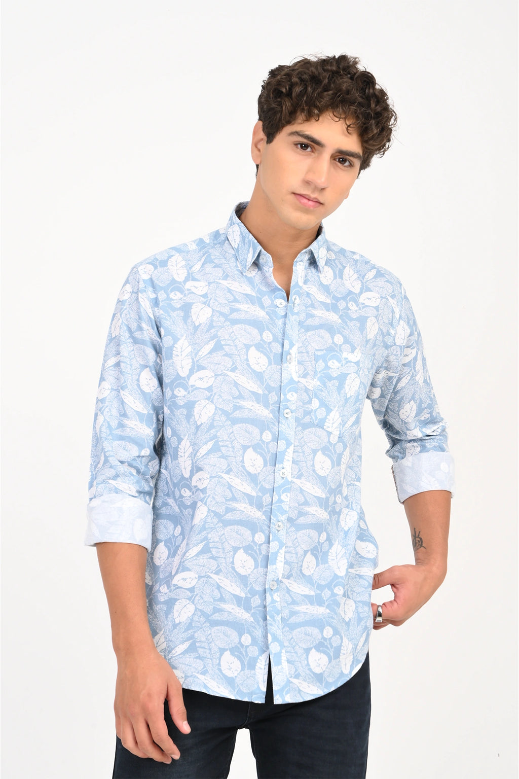 COTLIN SKY BLUE COLOR LEAFY PRINTED SHIRT