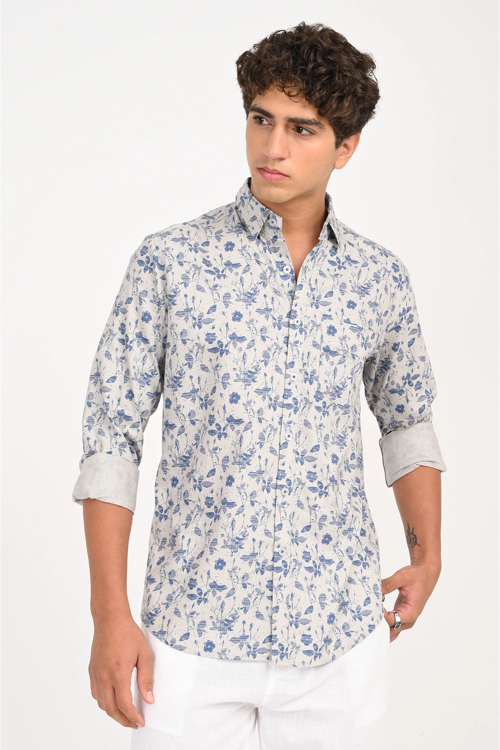 OXFORD COTTON LIGHT GREY FLORAL PRINTED SHIRT