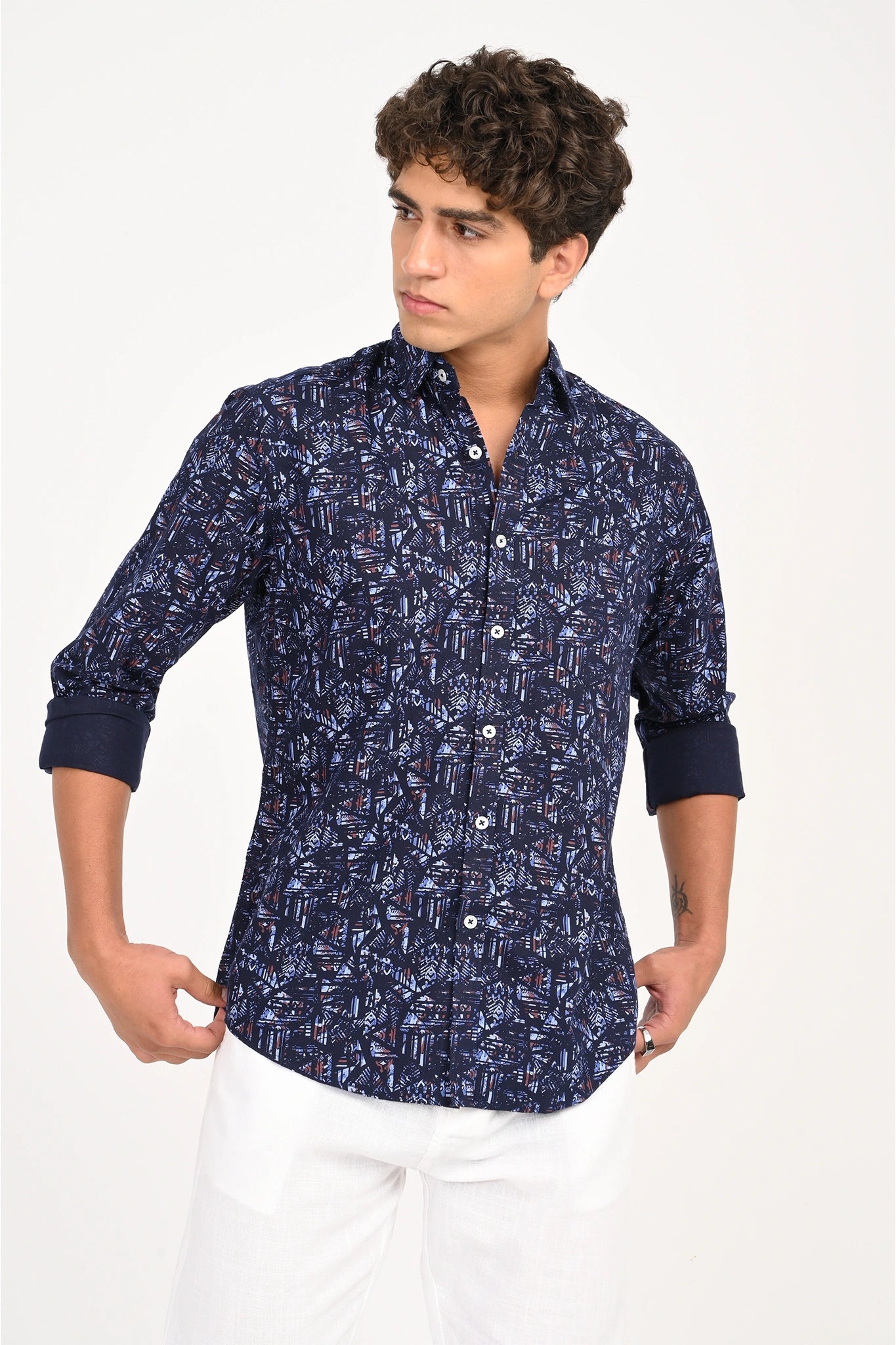 OXFORD COTTON NAVY GEOMATRIC PRINTED SHIRT