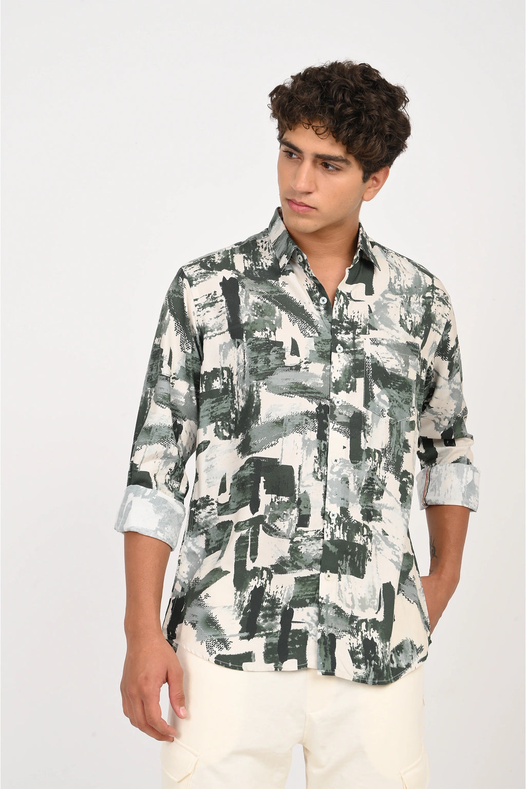 COTTON VORTEX WHITE WITH GREEN DIGITAL PRINTED SHIRT