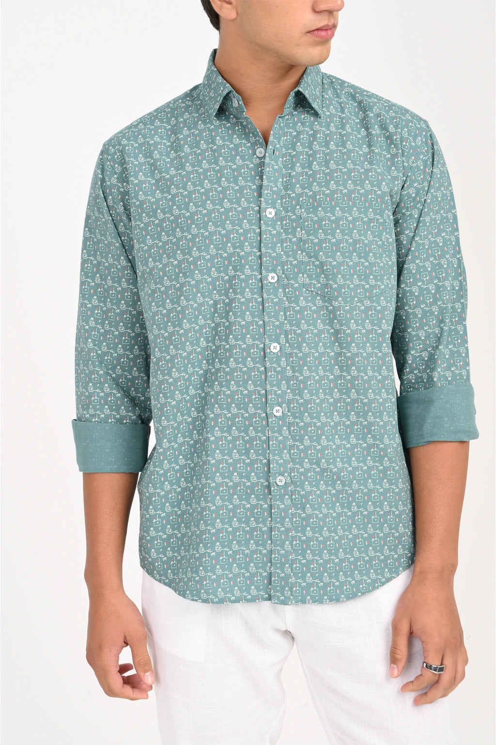 COTLIN CADET BLUE PRINTED SHIRT