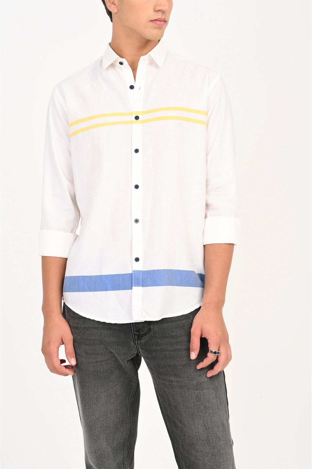 COTTON POPLIN WHITE COLOR CHEST PANEL SHIRT