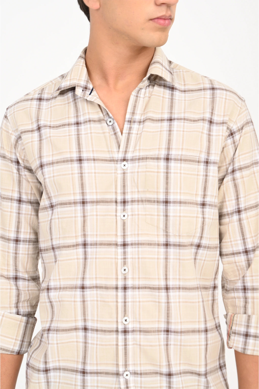 COTTON SLUB COFFE BROWN COLOR CHECKED SHIRT