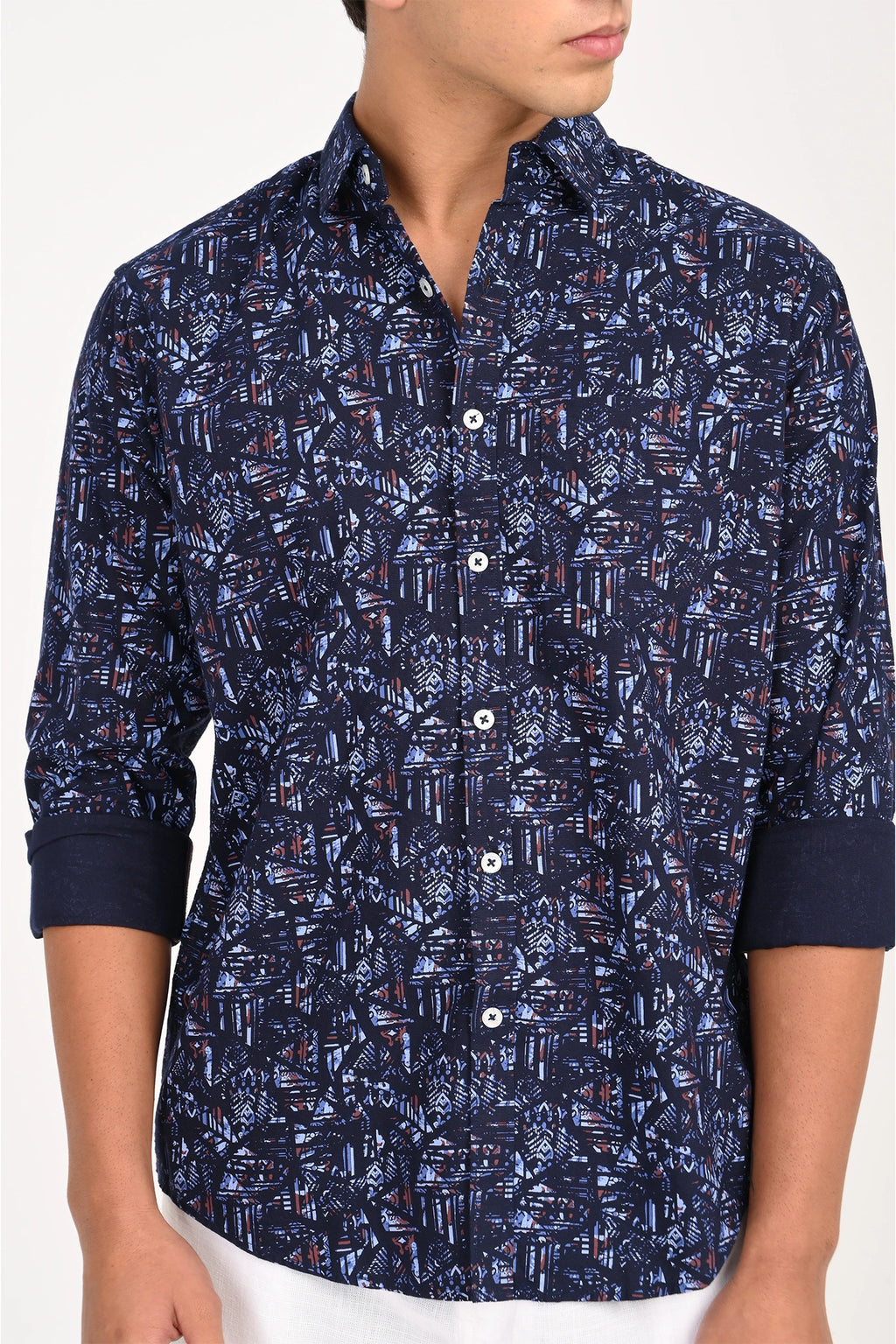 OXFORD COTTON NAVY GEOMATRIC PRINTED SHIRT