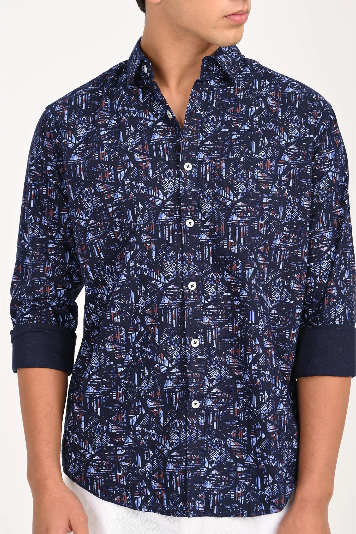OXFORD COTTON NAVY GEOMATRIC PRINTED SHIRT