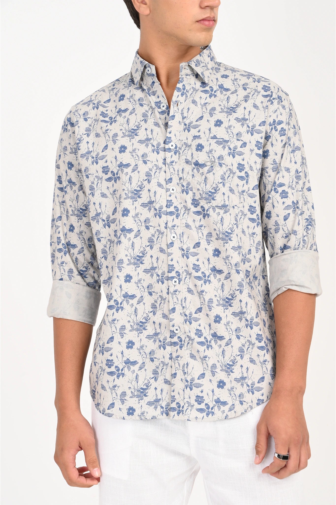 OXFORD COTTON LIGHT GREY FLORAL PRINTED SHIRT
