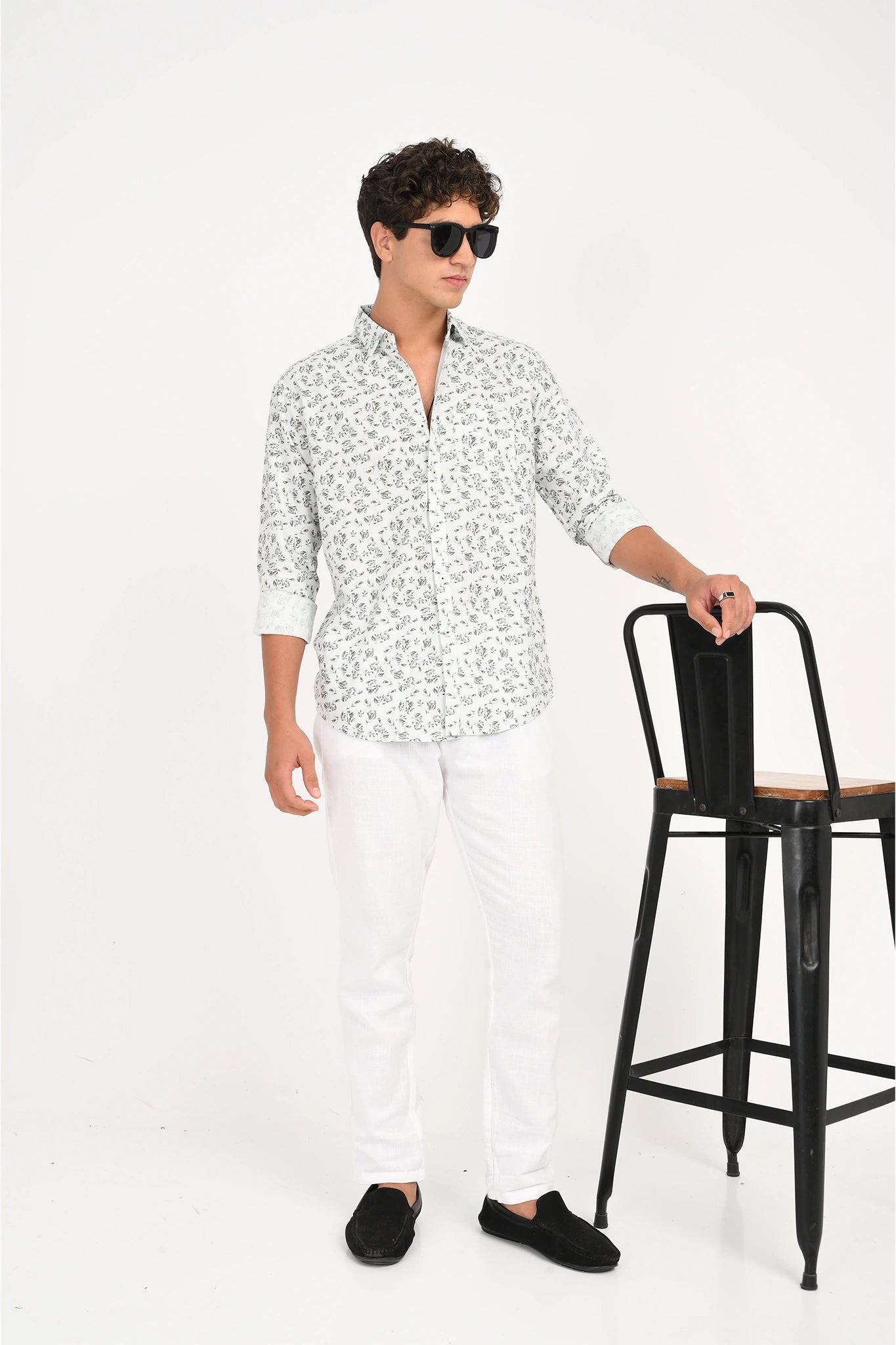 OXFORD COTTON PALE SKY BLUE FLOROL PRINTED SHIRT