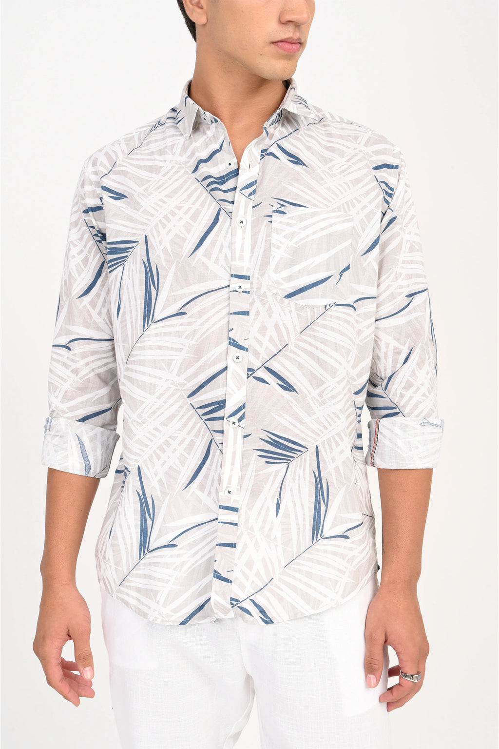 COTLIN LIGHT BEIGE LEAFY PRINTED SHIRT