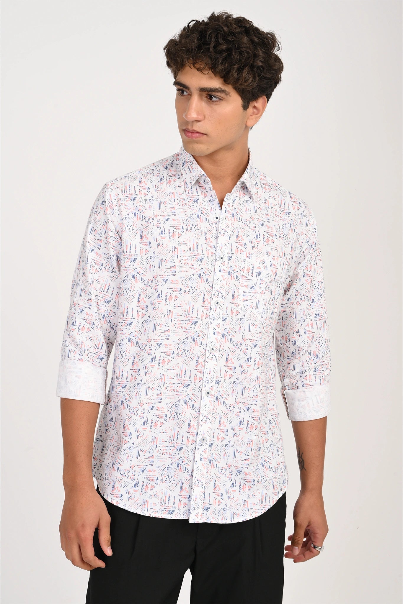 OXFORD COTTON WHITE GEOMATRIC PRINTED SHIRT