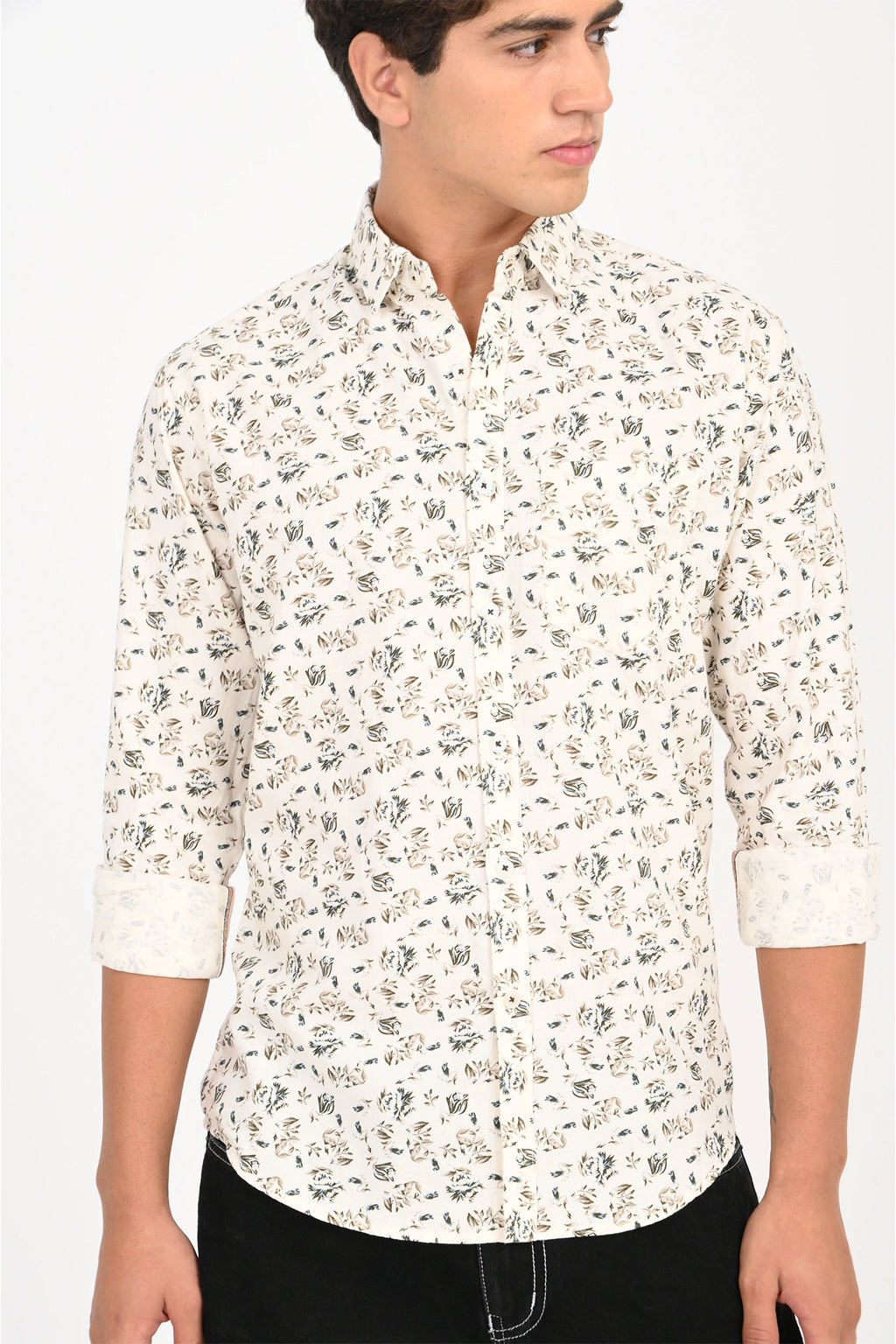 OXFORD COTTON HALF WHITE FLOROL PRINTED SHIRT