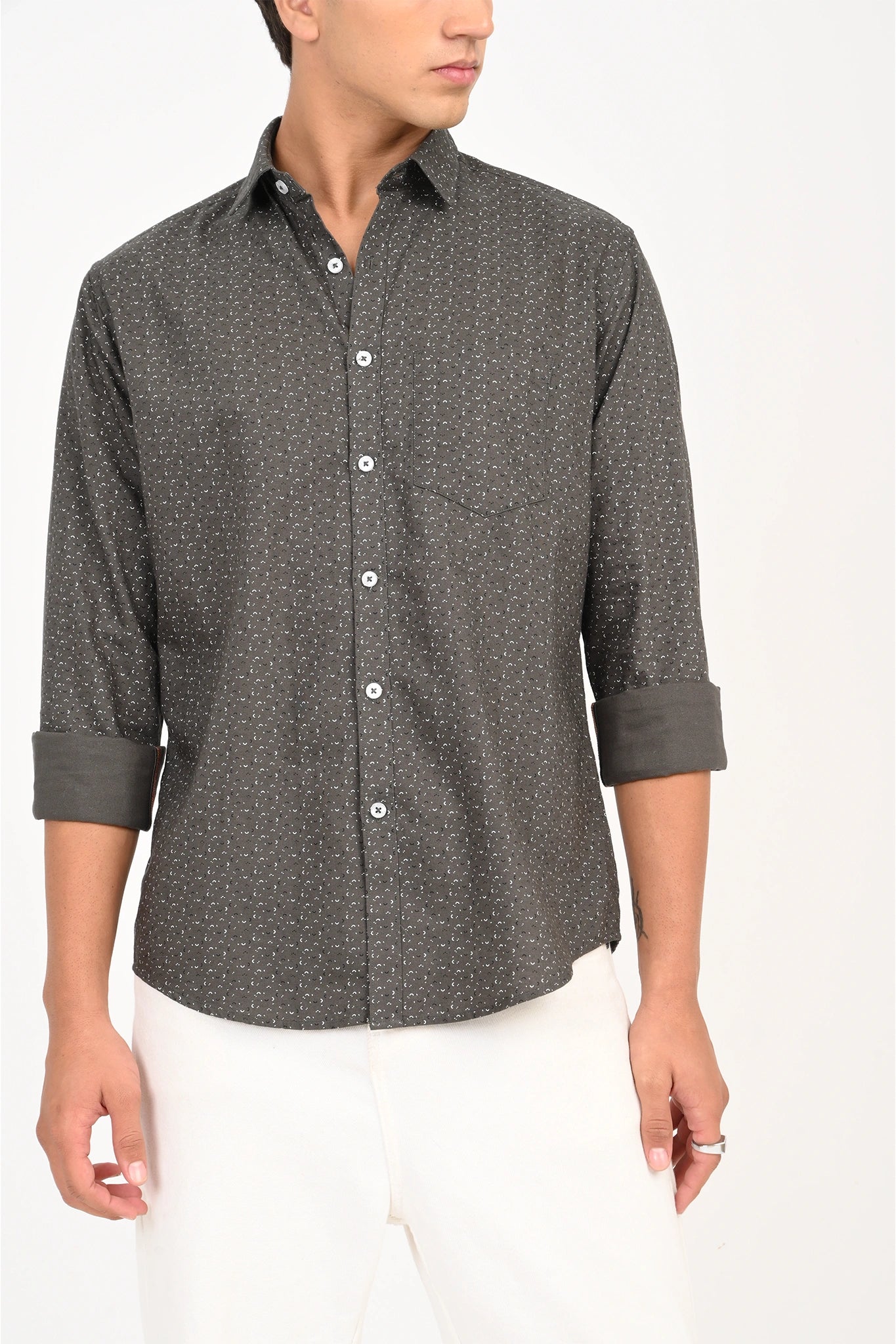 OXFORD COTTON DARK GREY PRINTED SHIRT