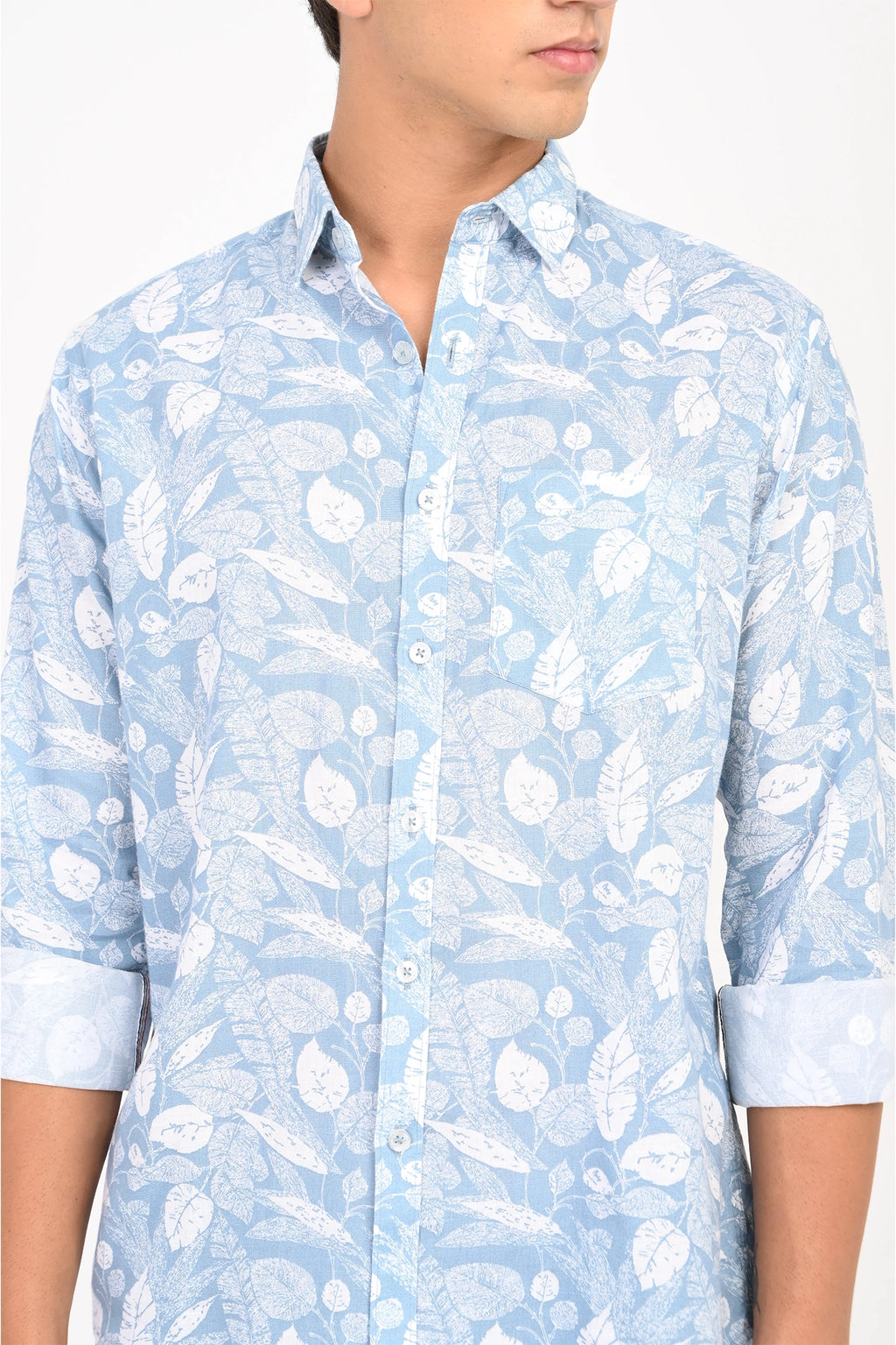 COTLIN SKY BLUE COLOR LEAFY PRINTED SHIRT