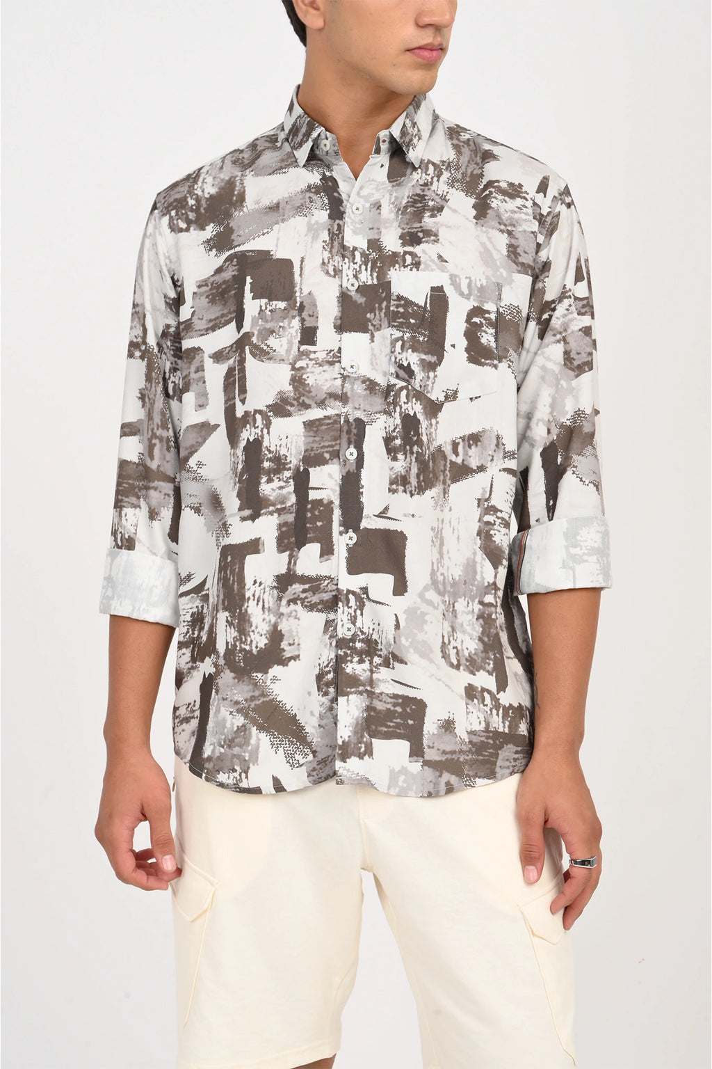 COTTON VORTEX WHITE WITH BROWN DIGITAL PRINTED SHIRT