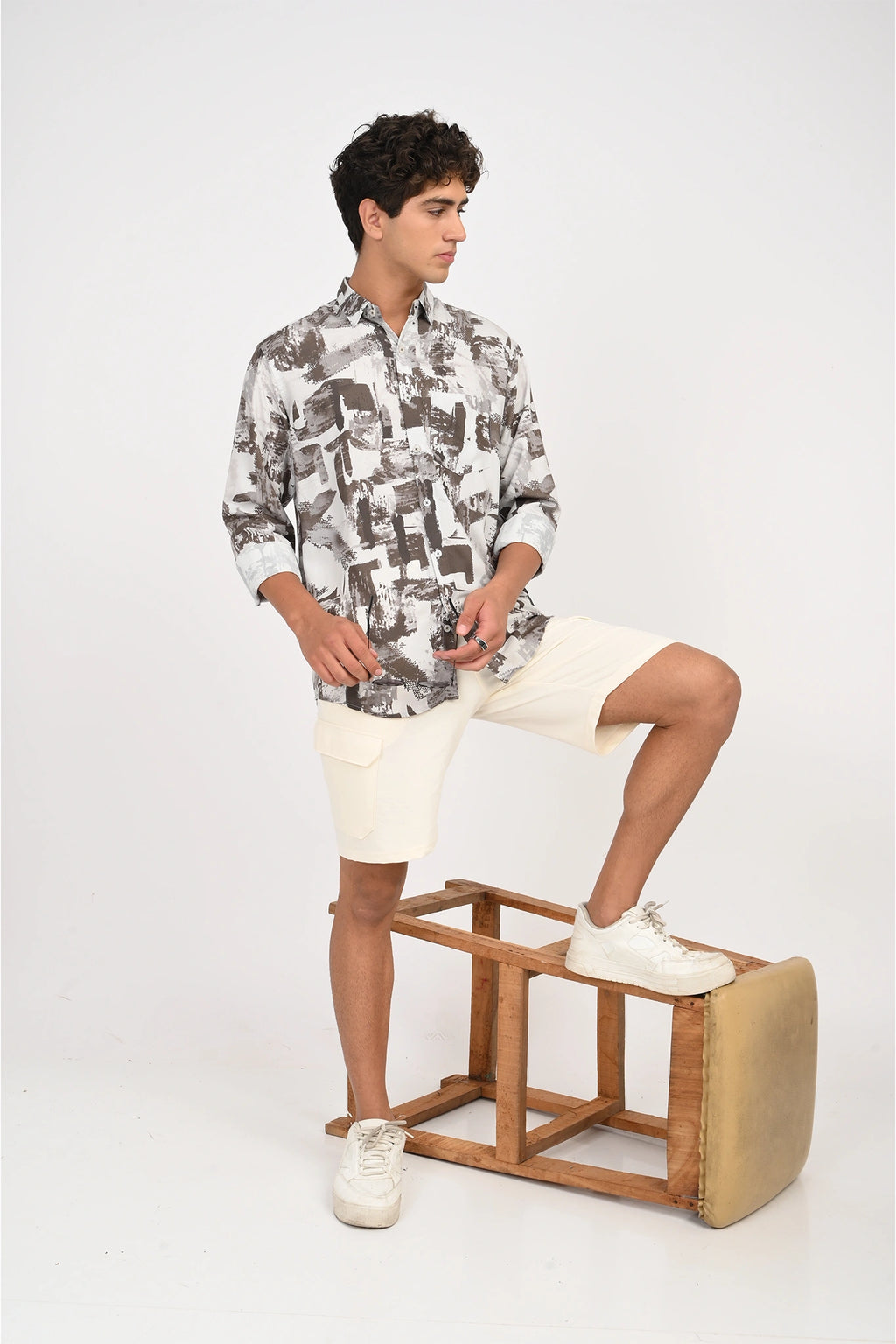 COTTON VORTEX WHITE WITH BROWN DIGITAL PRINTED SHIRT