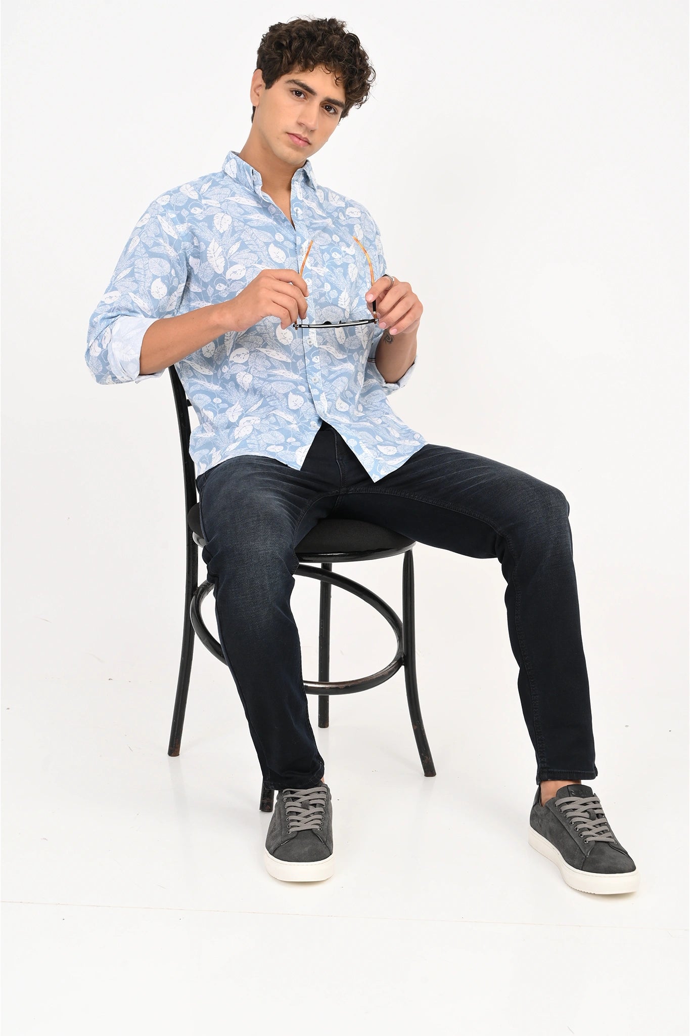 COTLIN SKY BLUE COLOR LEAFY PRINTED SHIRT