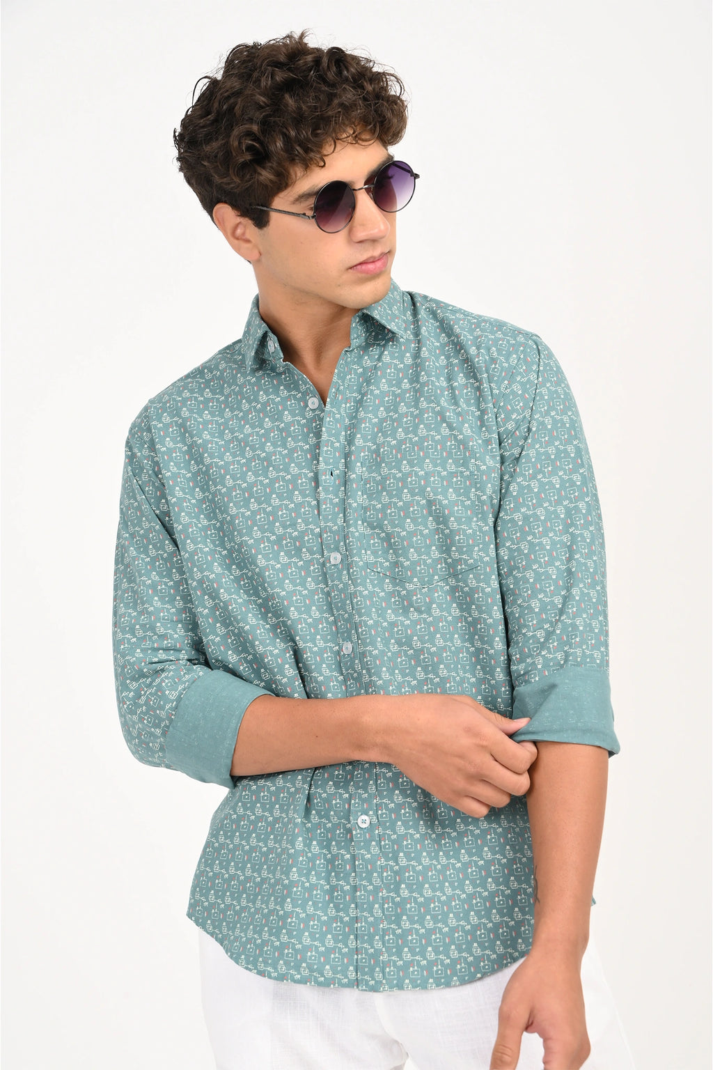 COTLIN CADET BLUE PRINTED SHIRT