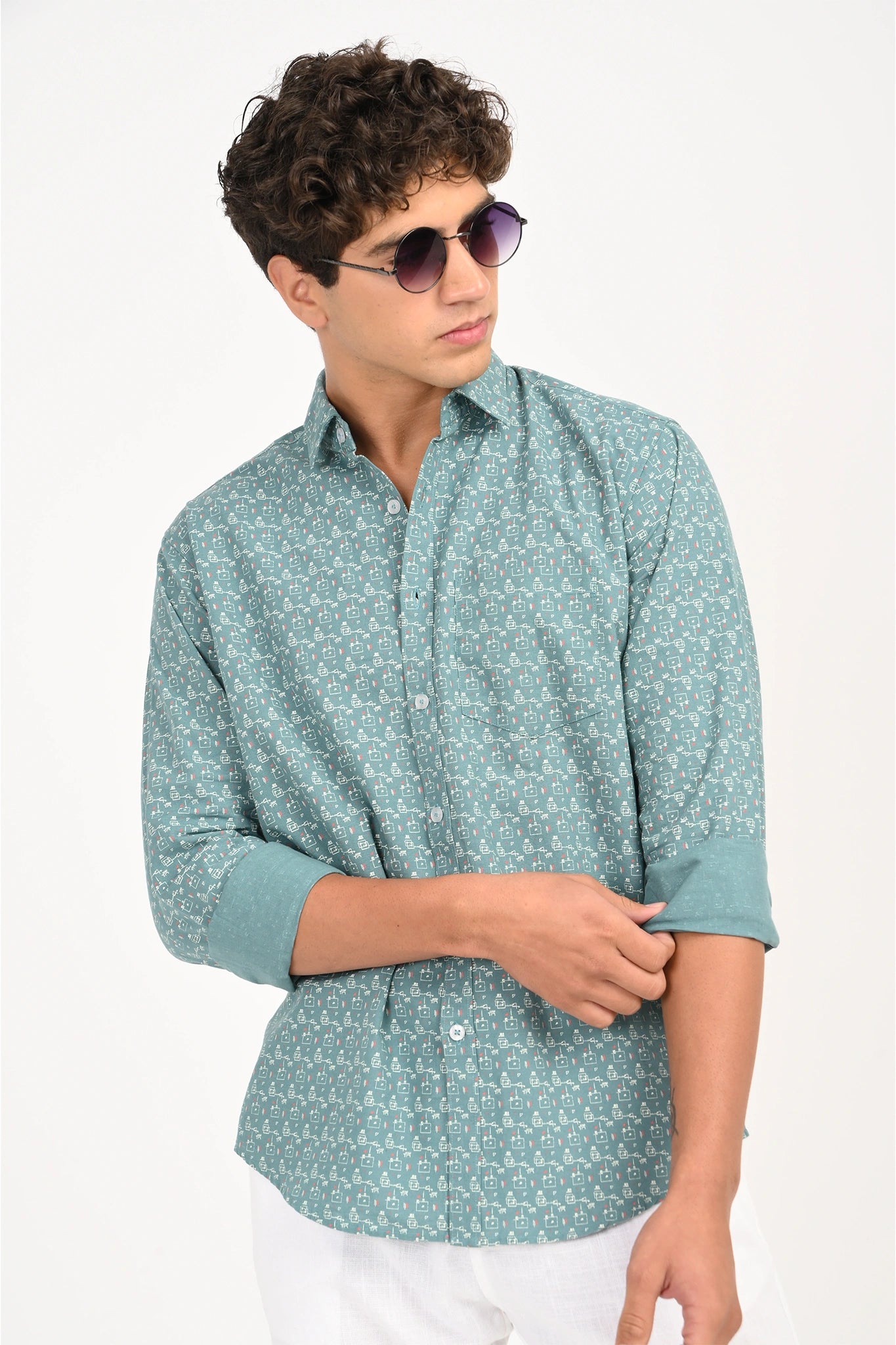 COTLIN CADET BLUE PRINTED SHIRT