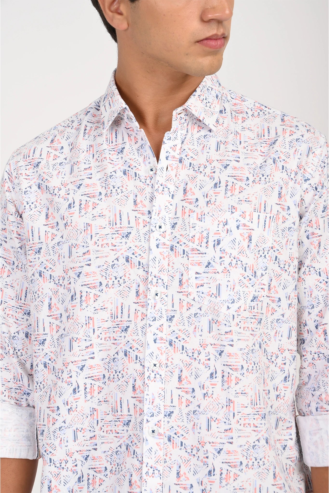 OXFORD COTTON WHITE GEOMATRIC PRINTED SHIRT