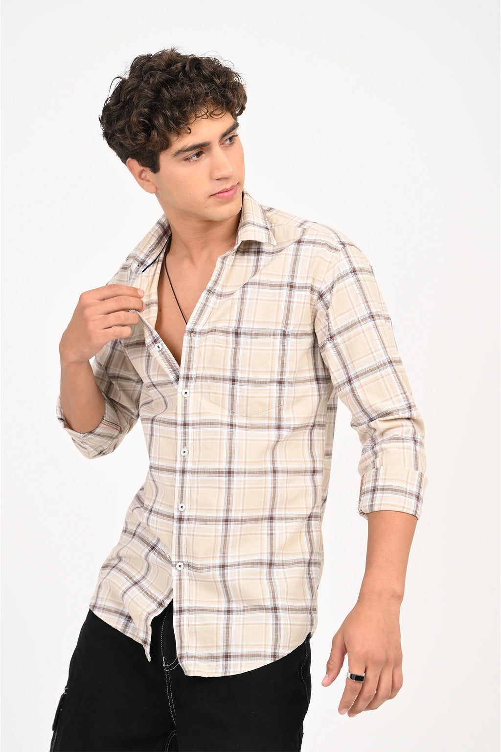 COTTON SLUB COFFE BROWN COLOR CHECKED SHIRT