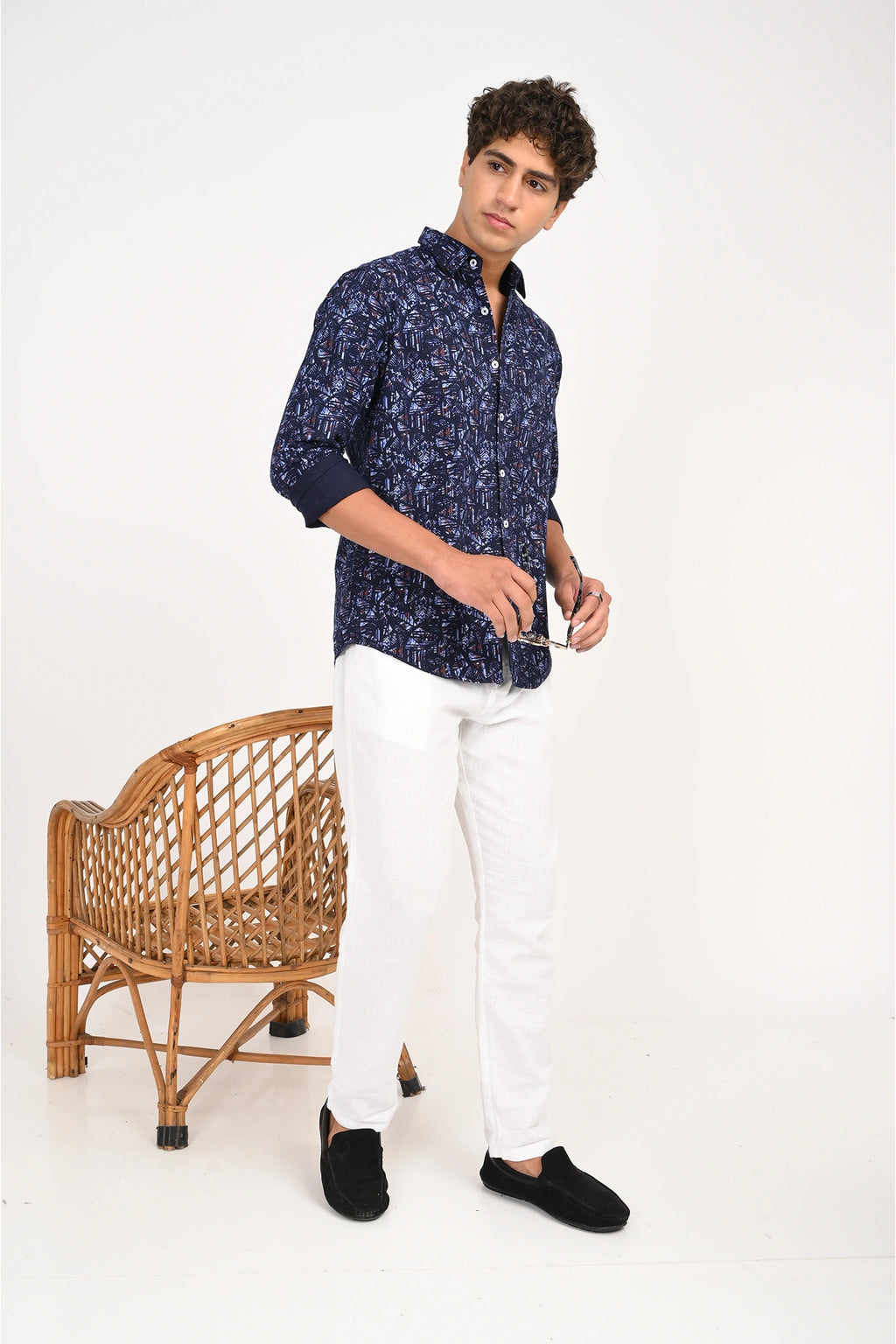 OXFORD COTTON NAVY GEOMATRIC PRINTED SHIRT
