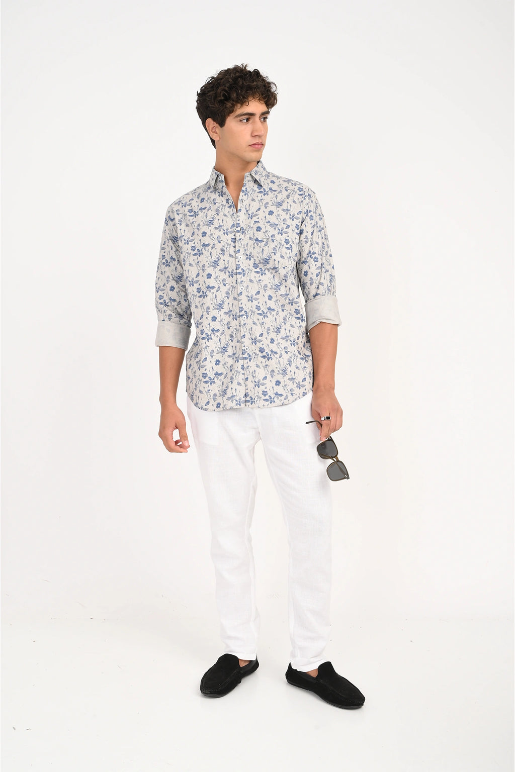 OXFORD COTTON LIGHT GREY FLORAL PRINTED SHIRT