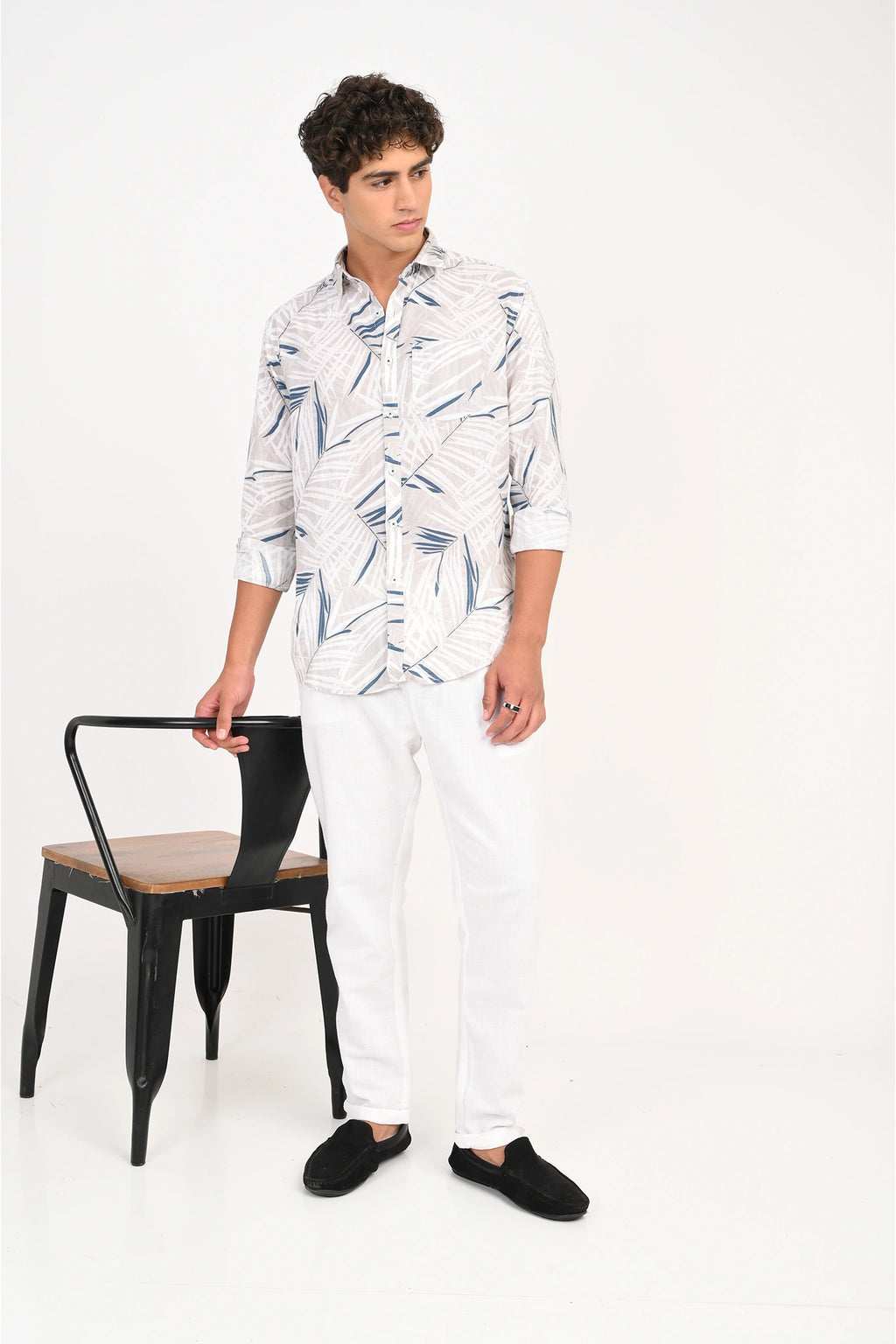 COTLIN LIGHT BEIGE LEAFY PRINTED SHIRT