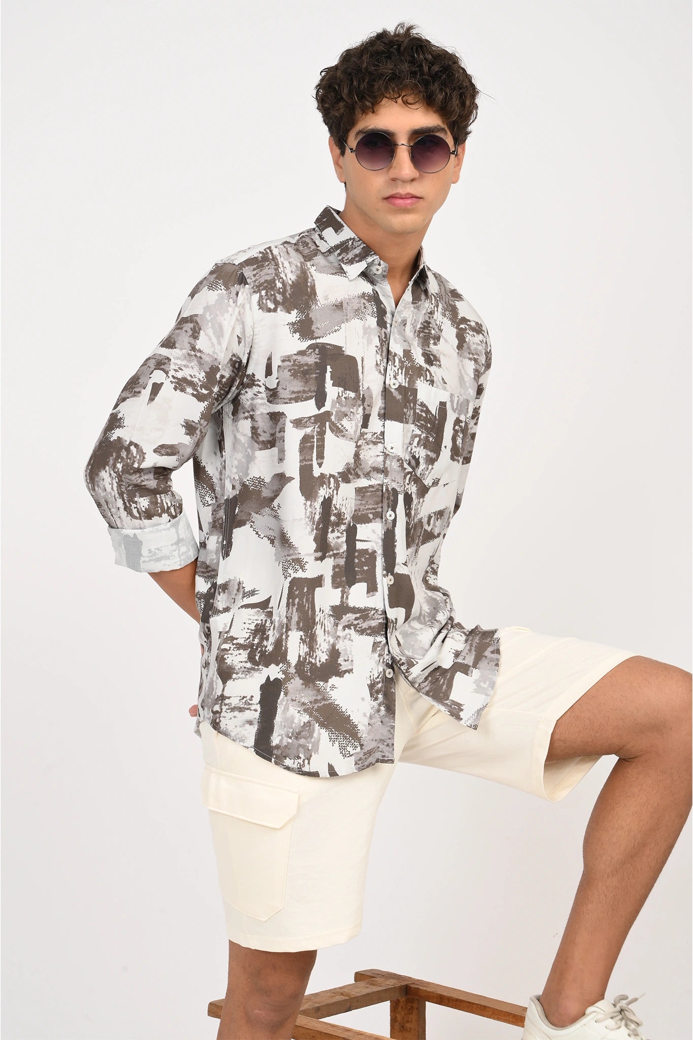 COTTON VORTEX WHITE WITH BROWN DIGITAL PRINTED SHIRT