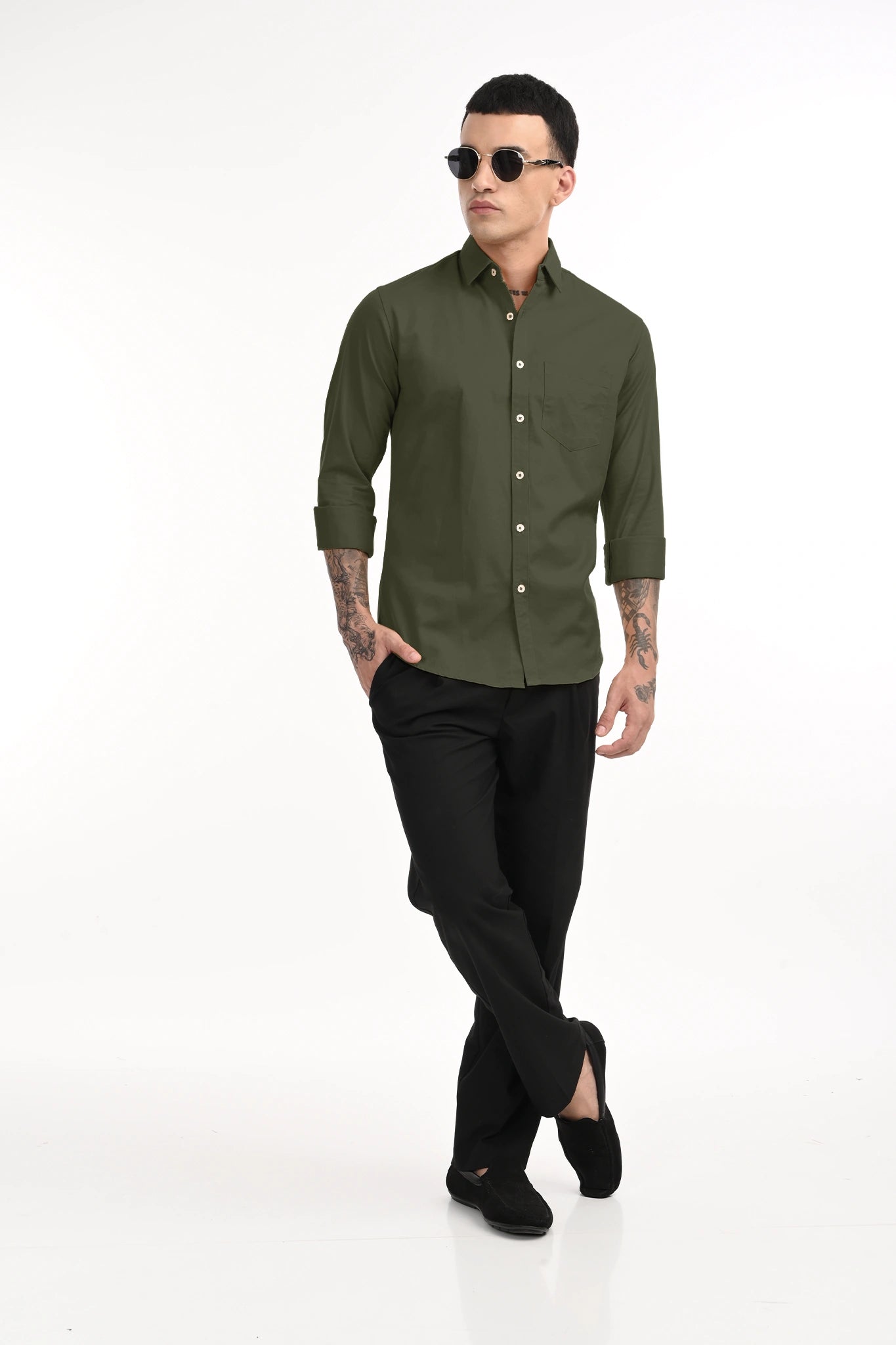 CAVELRY TWILL BOTTLE GREEN SOLID SHIRT
