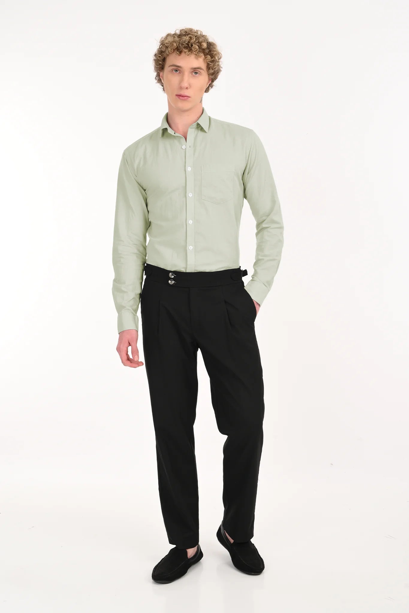 COTTON LINEN PISTA GREEN SOLID SHIRT