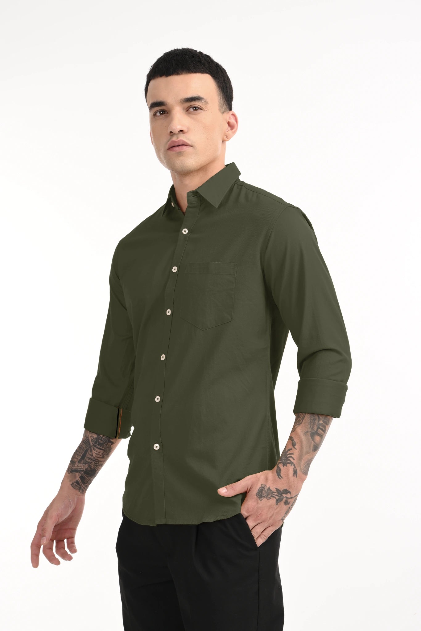 CAVELRY TWILL BOTTLE GREEN SOLID SHIRT