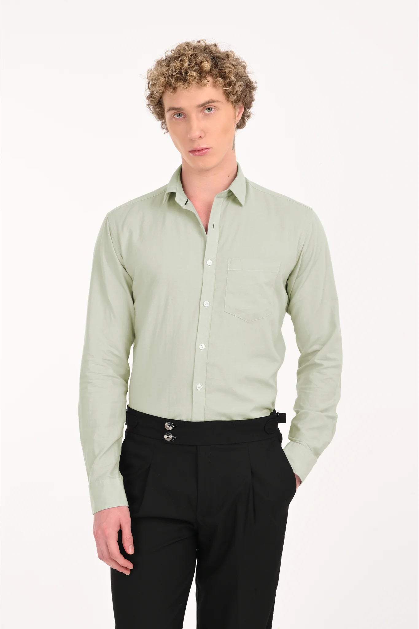 COTTON LINEN PISTA GREEN SOLID SHIRT