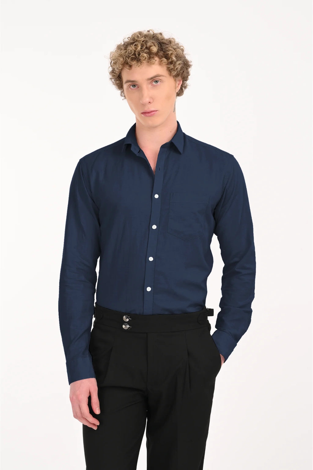 COTTON LINEN NAVY SOLID SHIRT