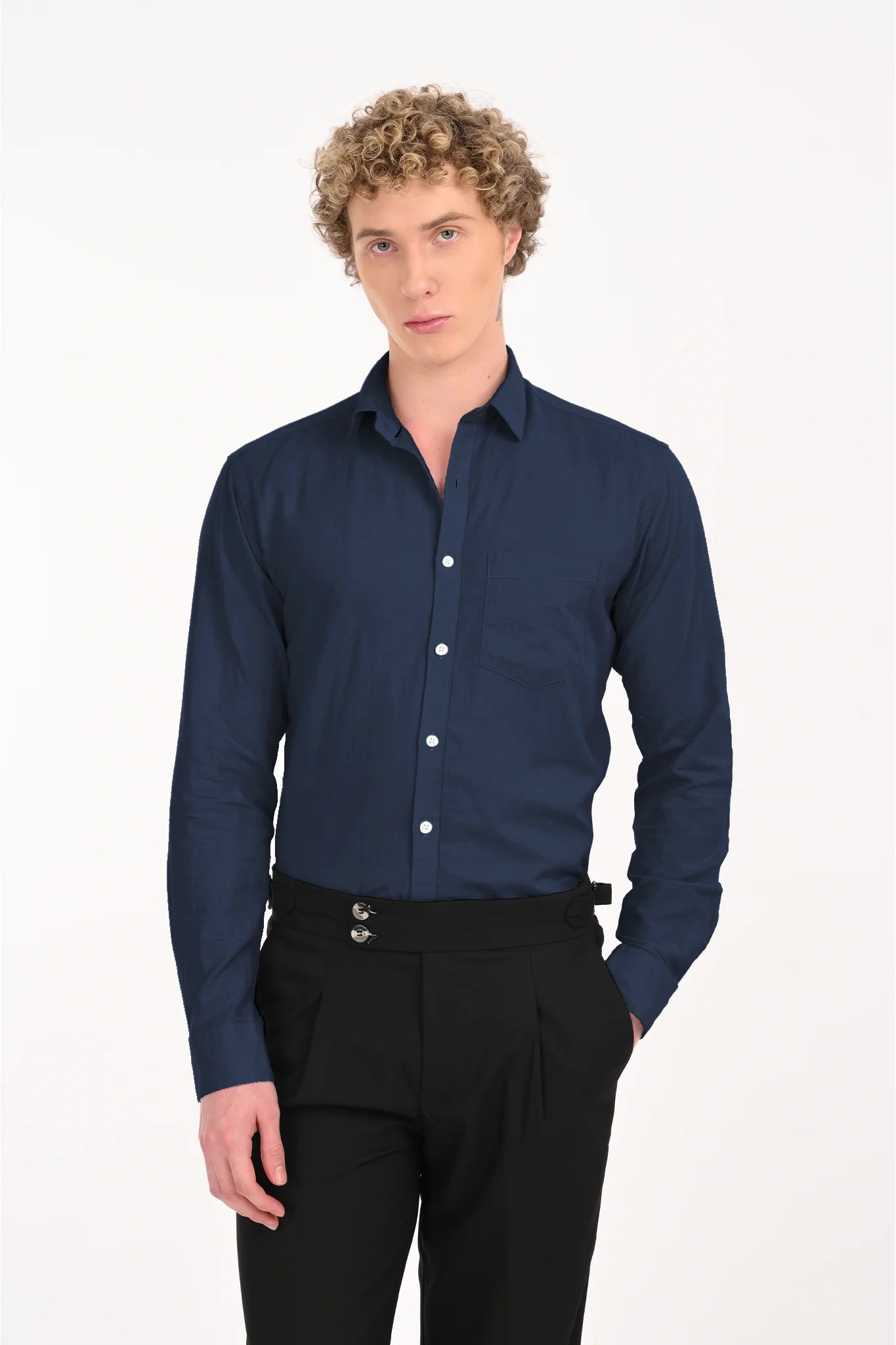 COTTON LINEN NAVY SOLID SHIRT