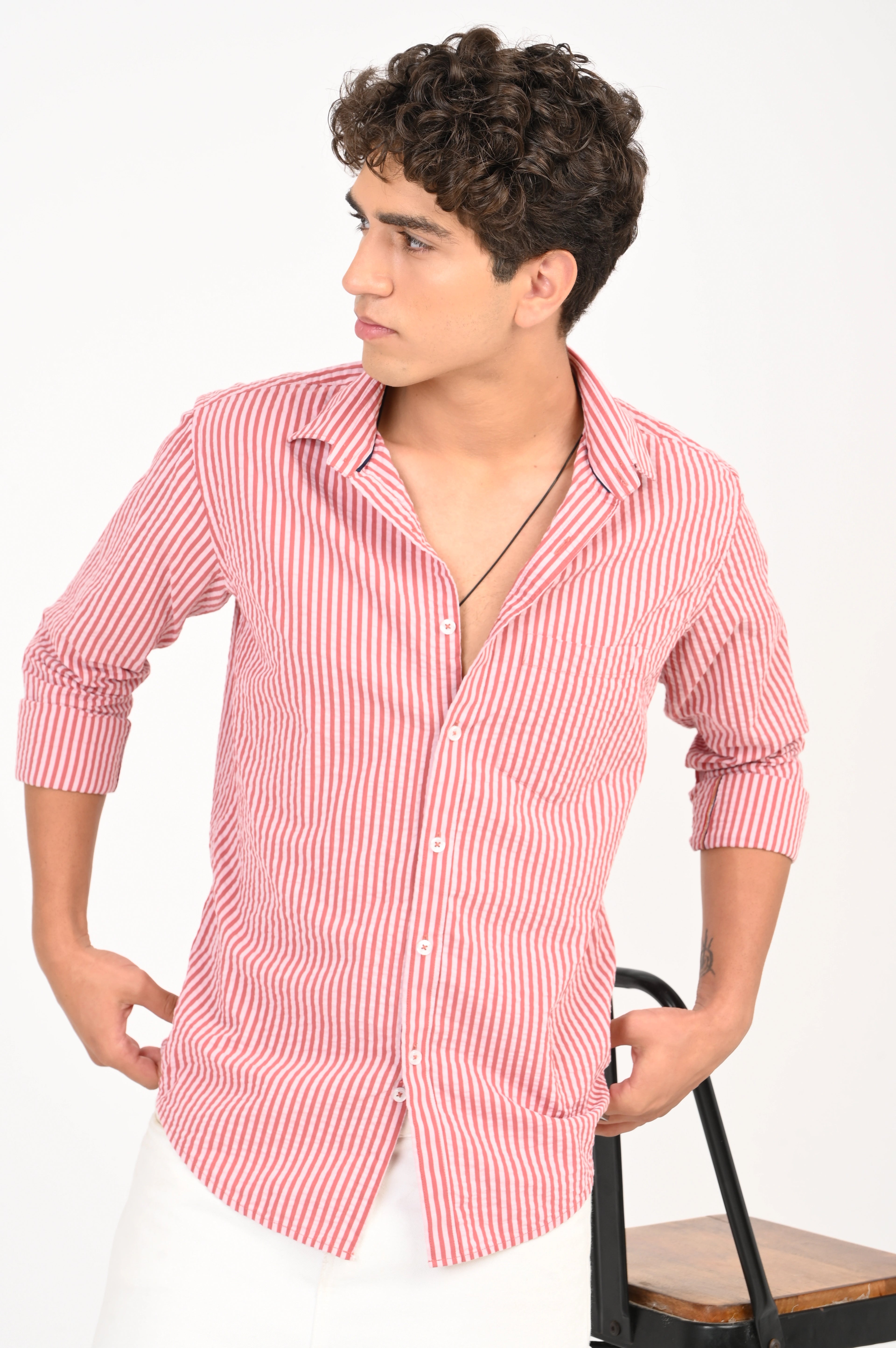 SEER SUCKER RED STRIPES SHIRT