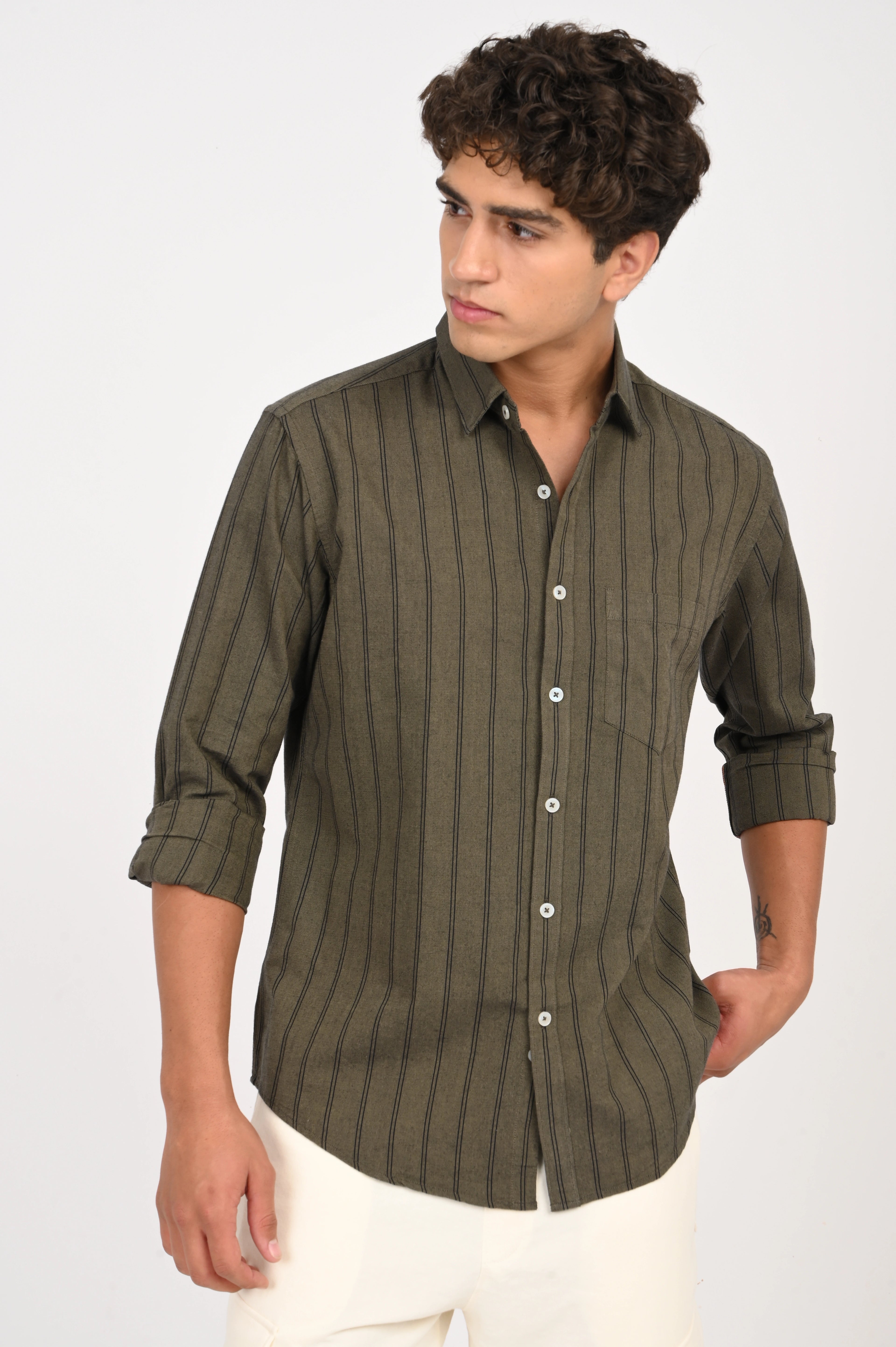 OXFORD OLIVE GREY COLOR STRIPES SHIRT