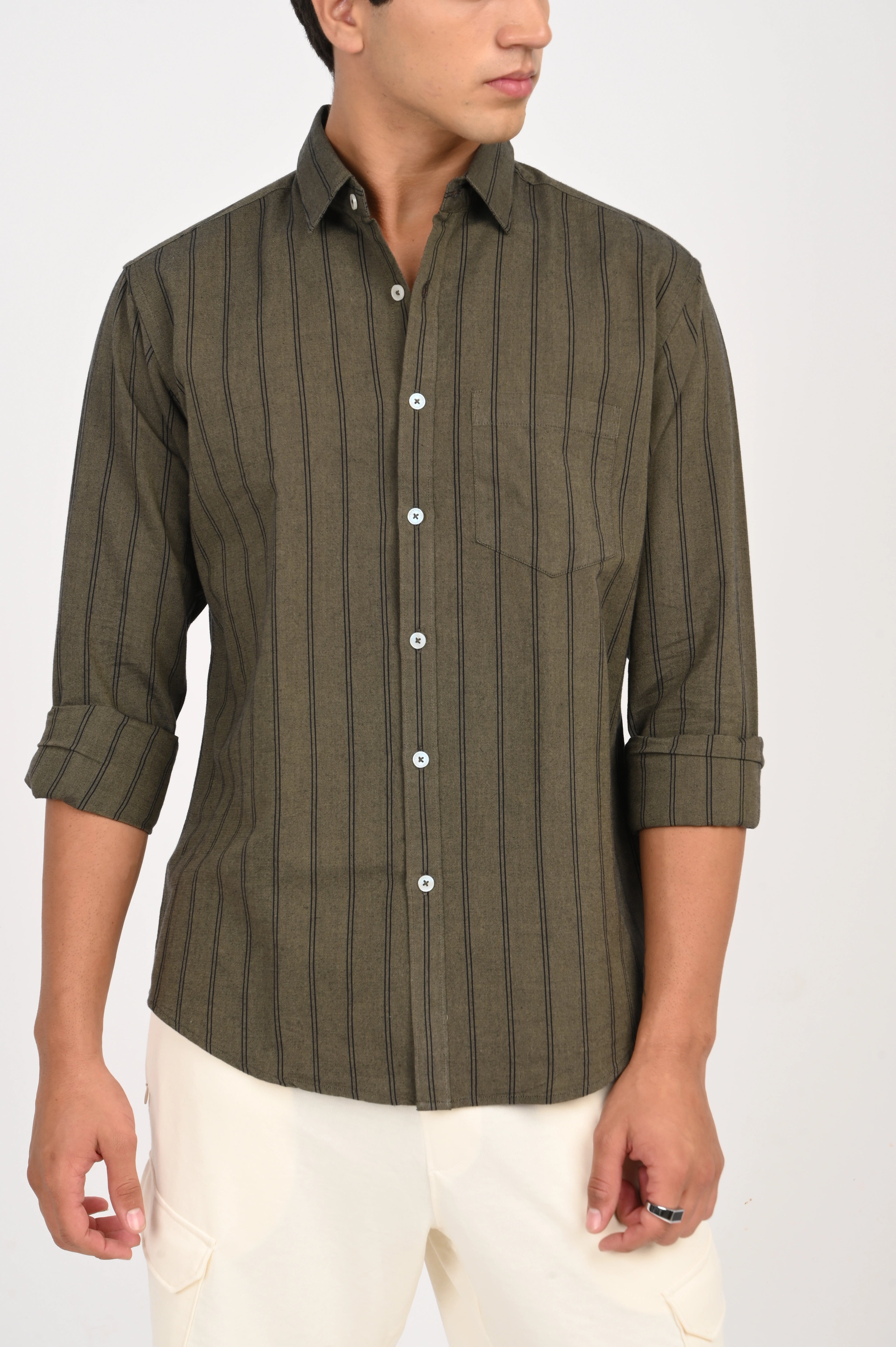 OXFORD OLIVE GREY COLOR STRIPES SHIRT
